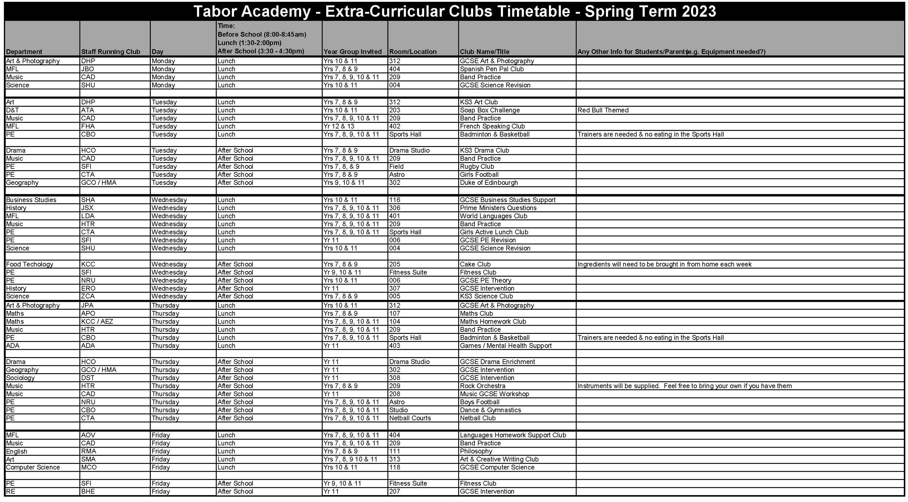 Extra Curricular Clubs Timetable Spring Term 2022 23