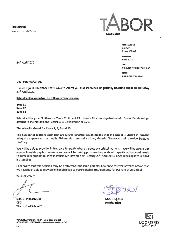 Strike Letter 27.04.23   Tabor
