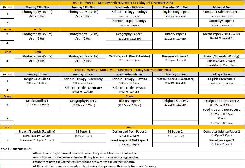 Y11 Exam TT Oct 23